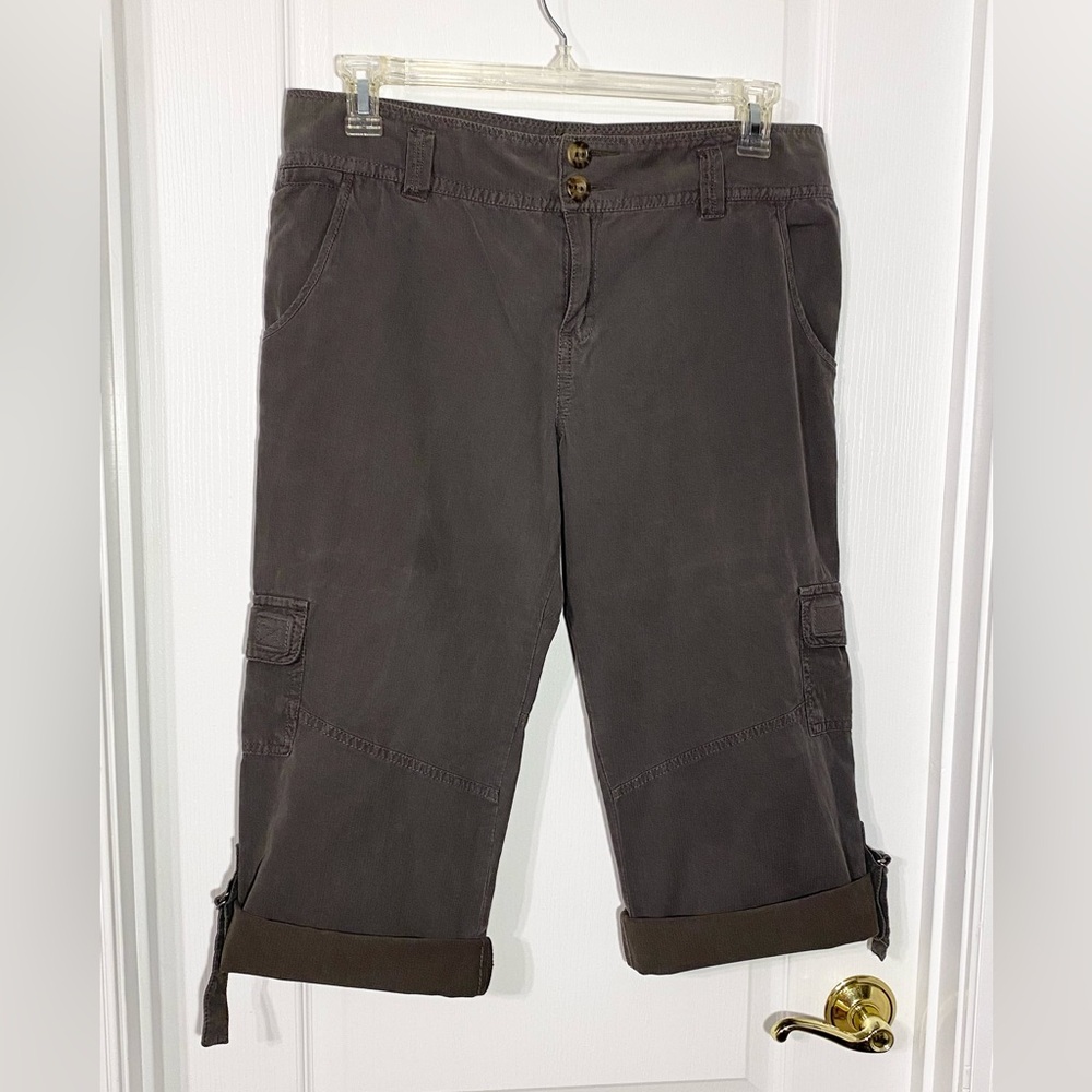 Y2K Anthro Sanctuary SILK Blend Cargo Roll Cuff Capri Pants Vintage Gray Sz 32
